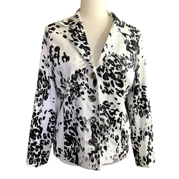 Laura Ashley Blazer Jacket size Petite Medium Animal Print Black White EUC - Picture 1 of 10